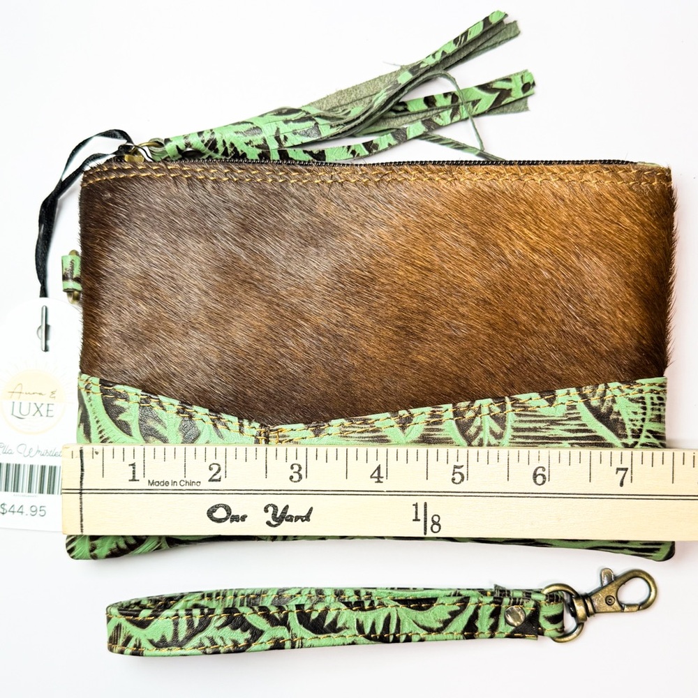 Hair On Hide Cowhide Leather Wristlet Clutch Mint Green Tooled Leather Western - Picture 4 of 5